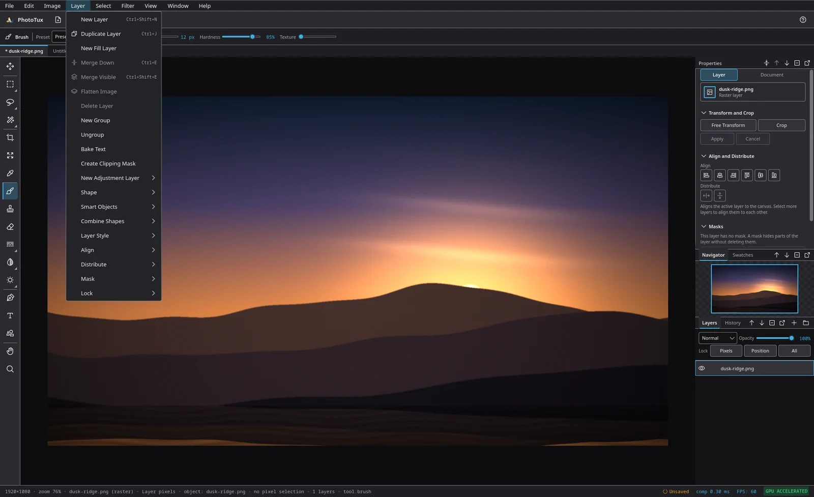 The Layer menu open, listing New Layer, Duplicate Layer, New Fill Layer, Merge Down, Merge Visible, Flatten Image, Delete Layer, New Group, Ungroup, Bake Text, Create Clipping Mask and submenus.