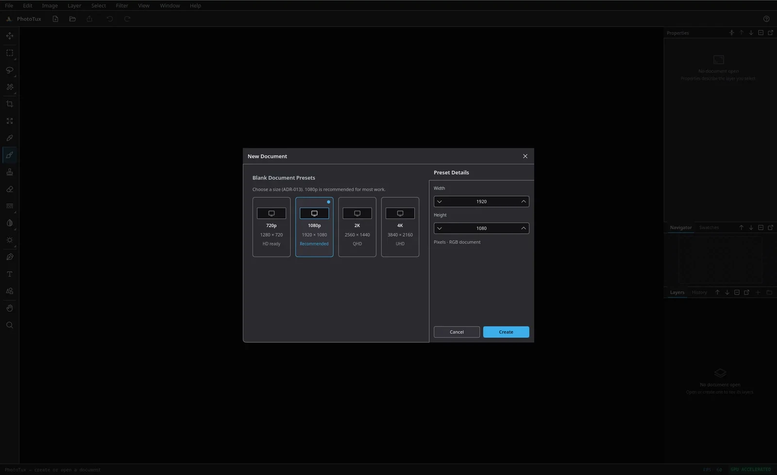 The New Document dialog showing 720p, 1080p, 2K and 4K preset cards, with Width and Height fields and Cancel and Create buttons.